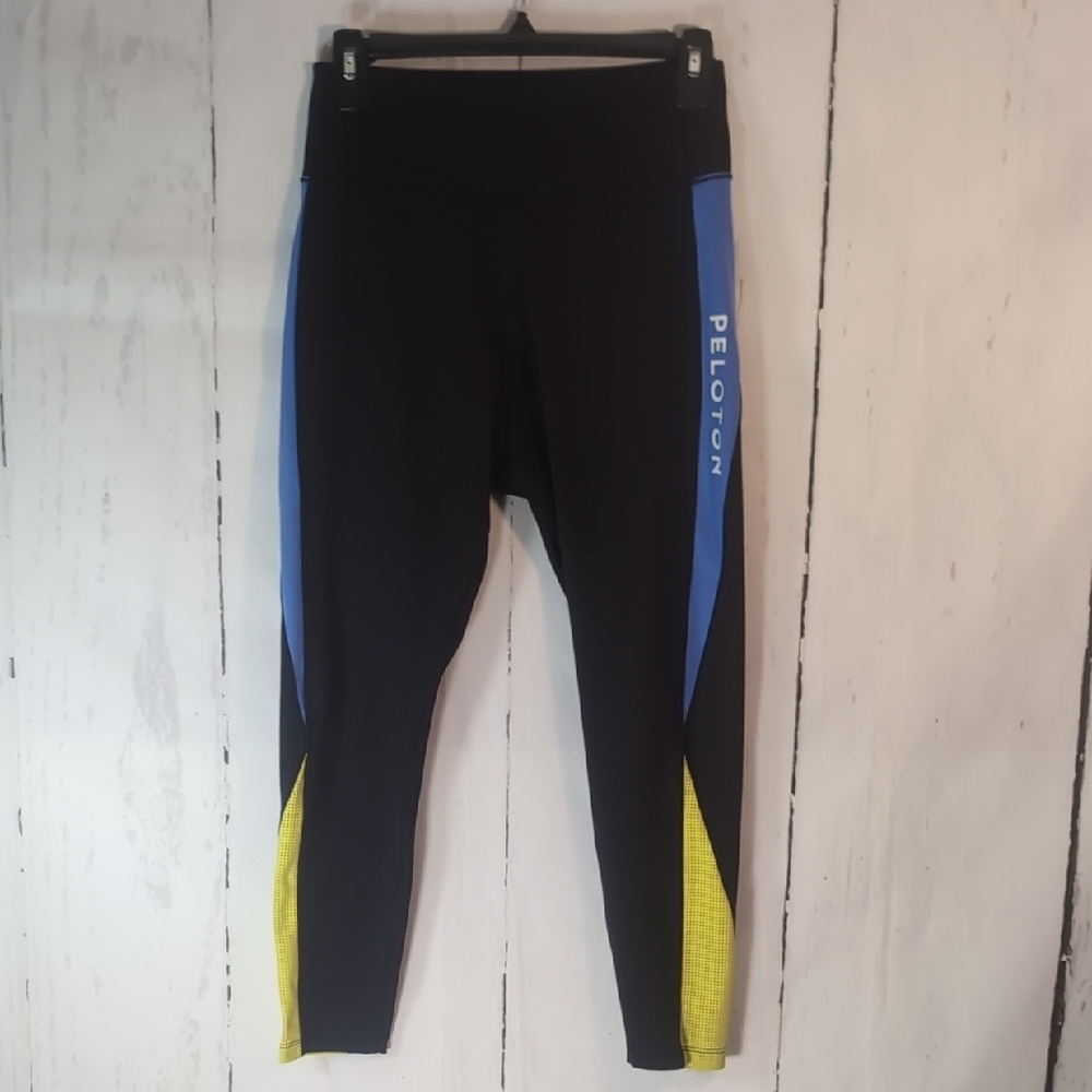 Peloton Black Blue and Neon Yellow Athletic Crop Top & Leggings Set - Picture 3 of 6
